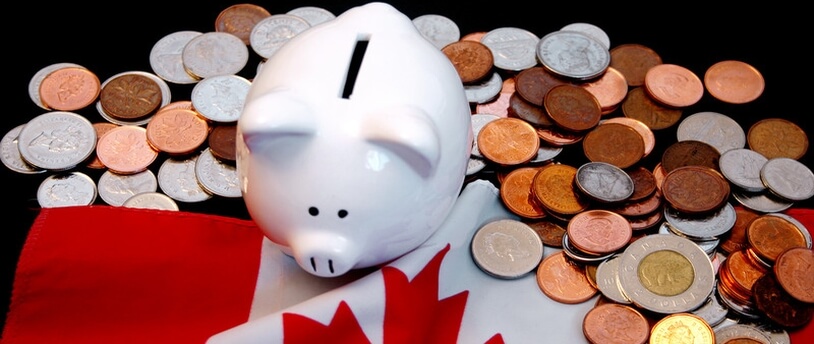 канадские деньги, флаг и свинья-копилка