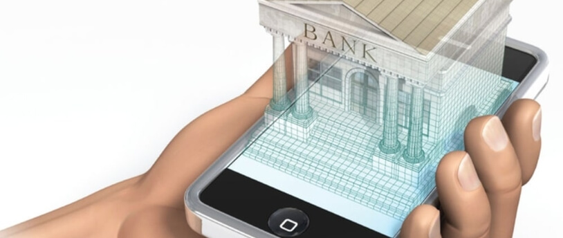 виртуальное здание банка на мобильном телефоне