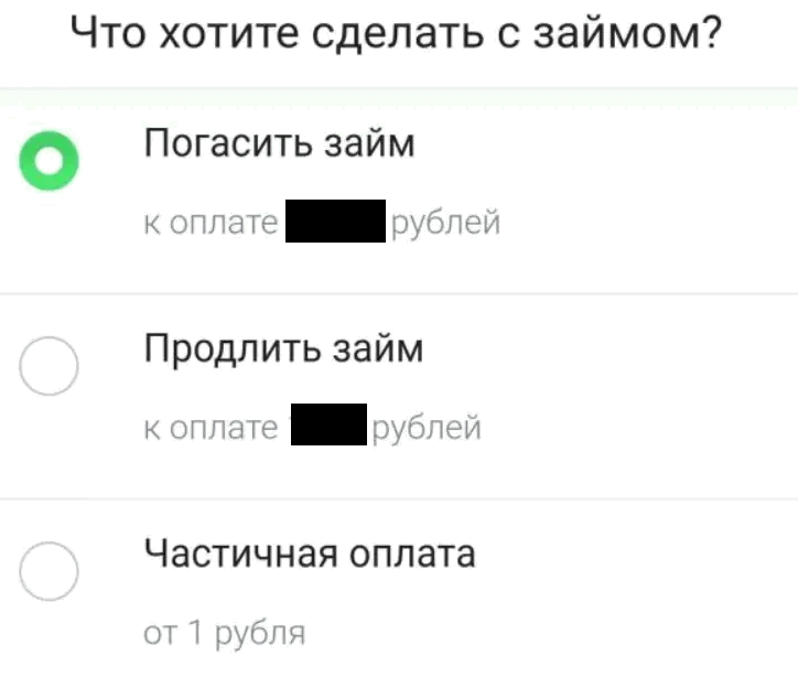 меню управления займом в екапуста