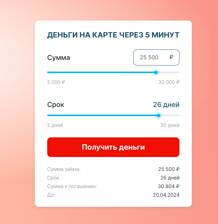 Скриншот кредитного калькулятора с сайта cashmagnit.ru