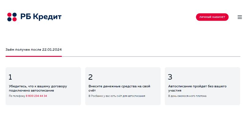 Скриншот данных о заеме с сайта rbcredit.ru