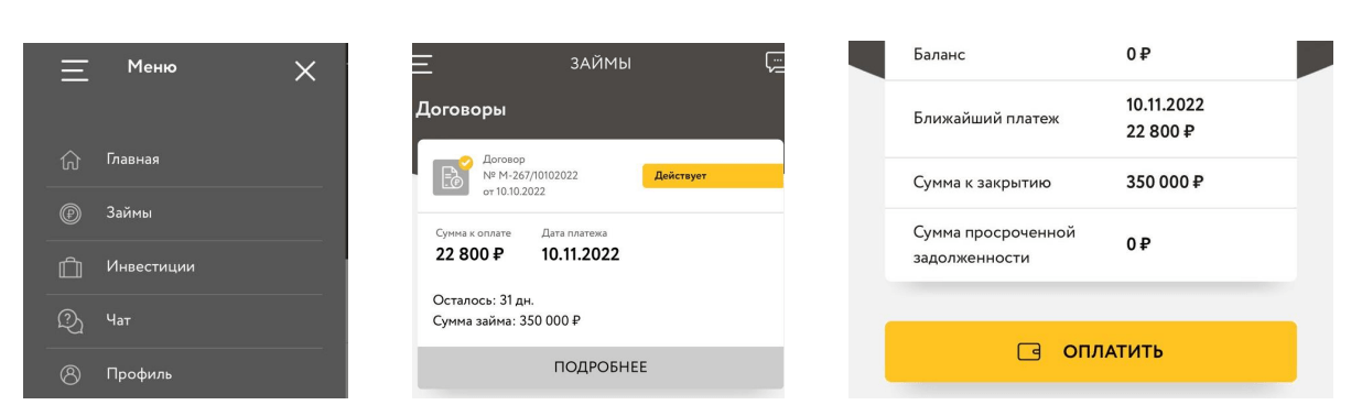 Скриншот данных по займу в личном кабинете cashmotor.ru