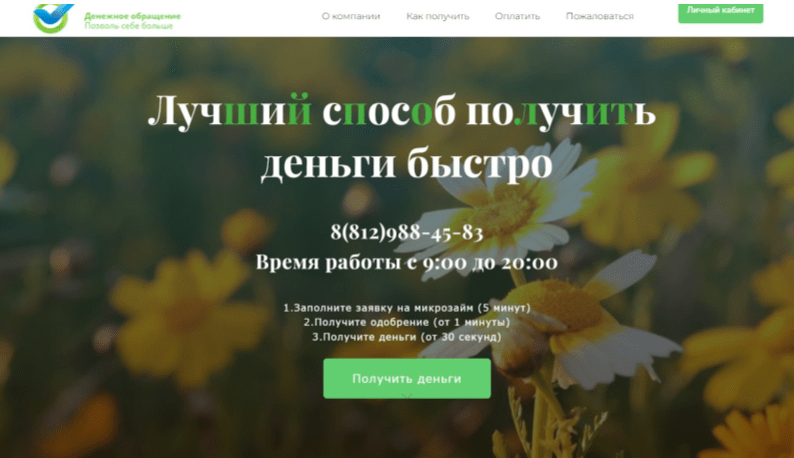 Скриншот главной страницы с сайта denezhnoe-obrashchenie.ru