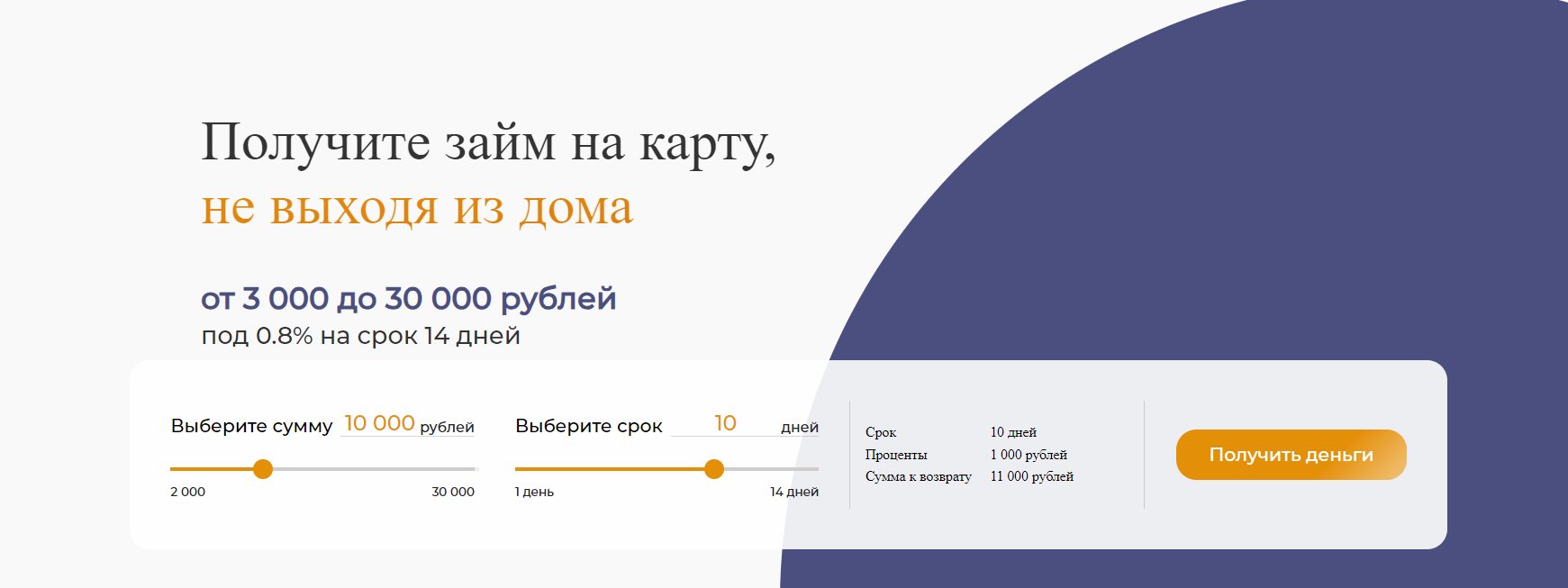 Скриншот кредитного калькулятора с сайта накарту.рф