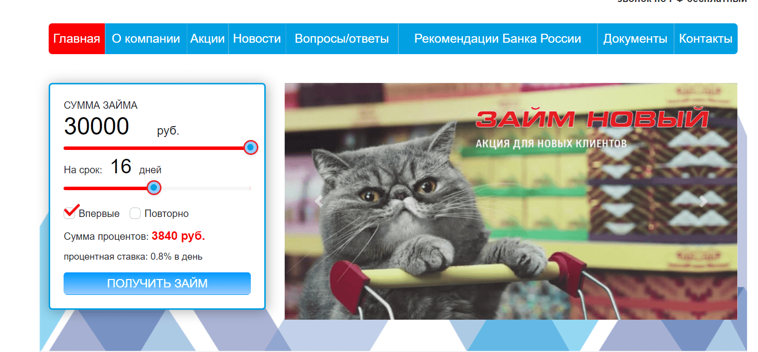 Скриншот кредитного калькулятора с сайта www.zaim-dynai.ru