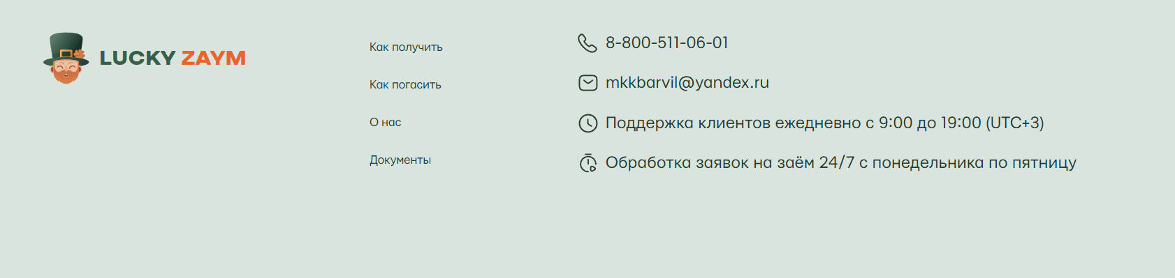 Скриншот страницы с контактной информацией с сайта luckyzaym.ru