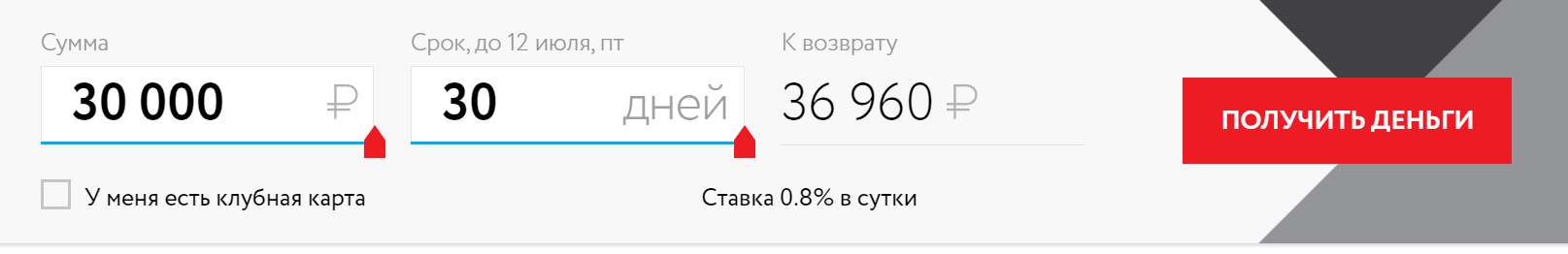 Скриншот кредитного калькулятора с сайта займы.рф