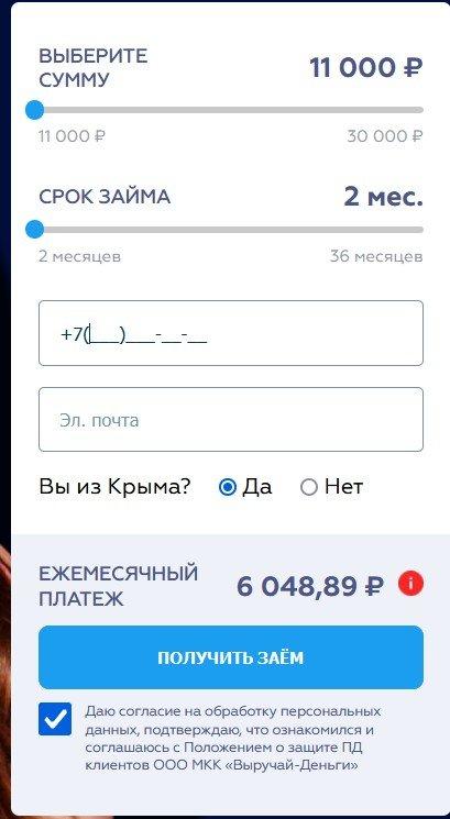 Скриншот оформления займа с сайта vdplatinum.ru