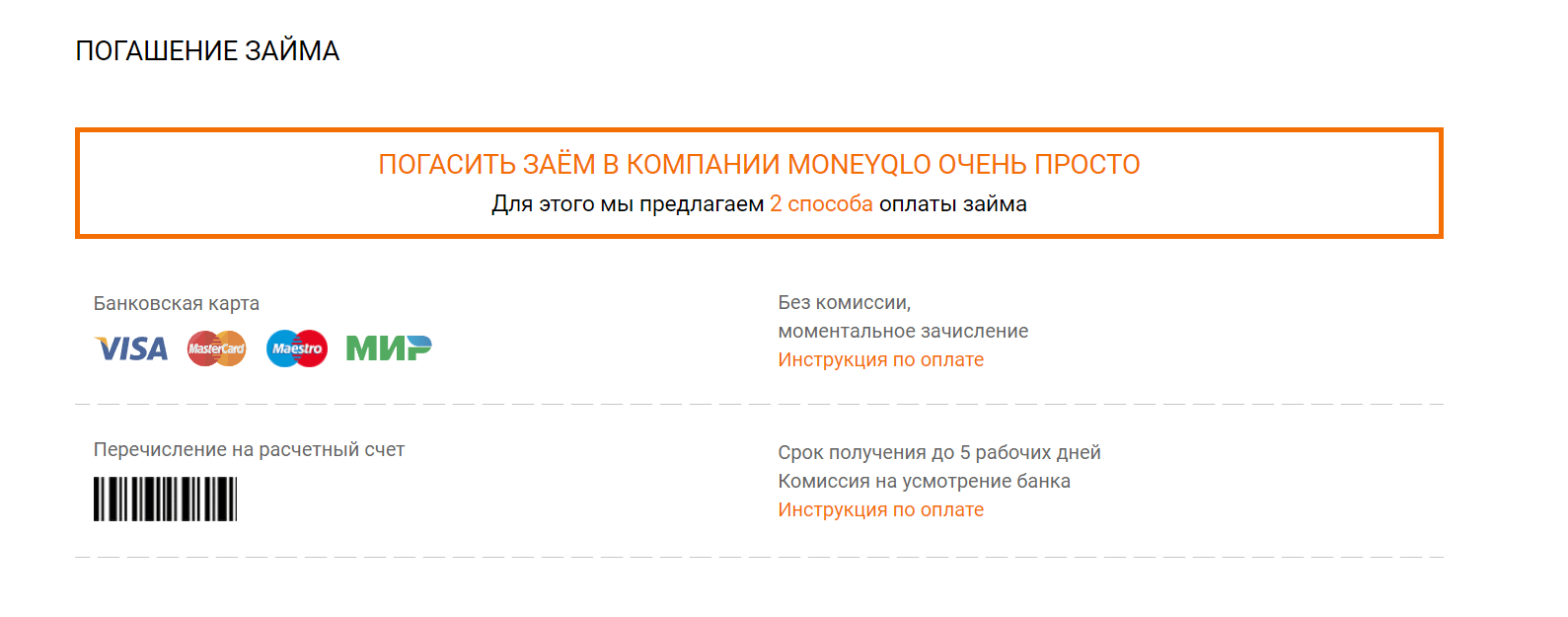 Скриншот страницы Погашение займа с сайта moneyqlo.ru