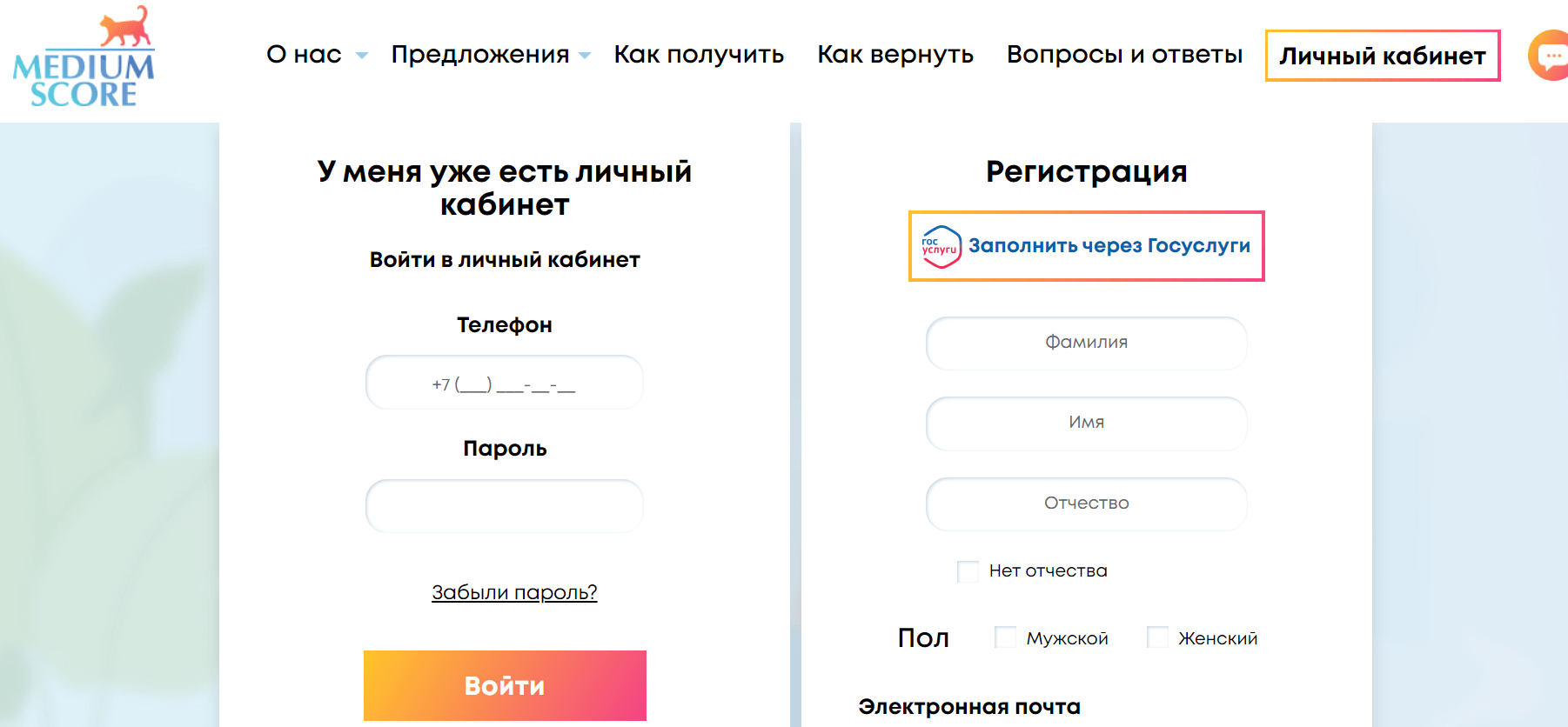 Скриншот входа в личный кабинет на сайте mscore.ru