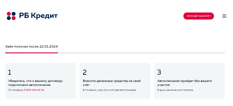 Скриншот данных о заеме с сайта rbcredit.ru