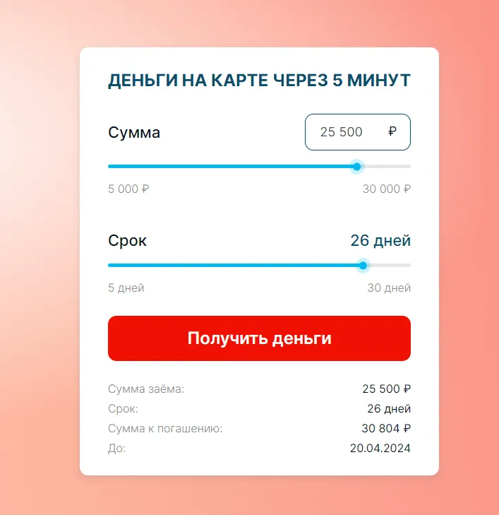 Скриншот кредитного калькулятора с сайта cashmagnit.ru