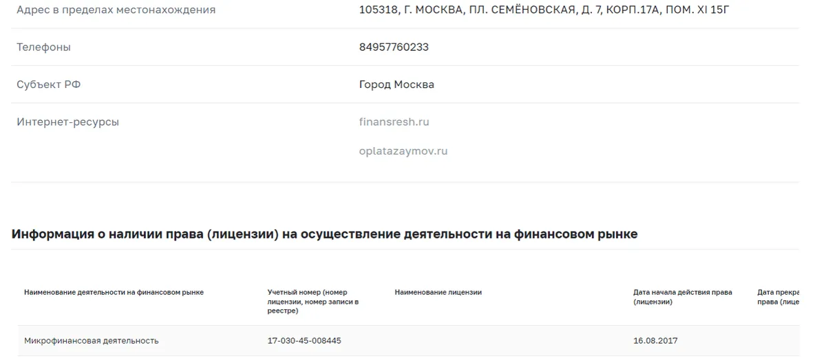 Скриншот лицензии компании с сайта finansresh.ru