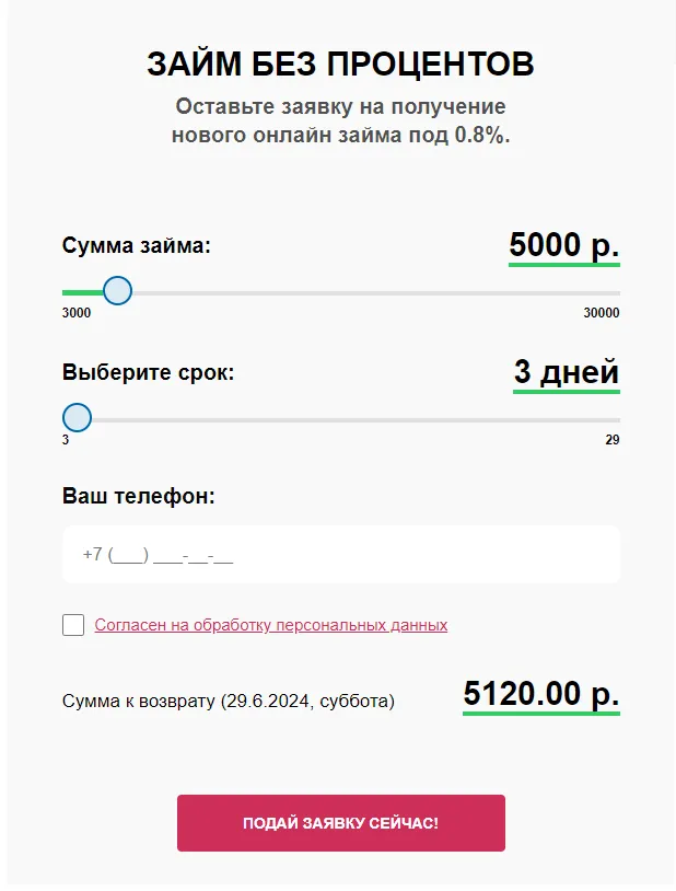 Скриншот оформления займа на сайте zaimdam.ru