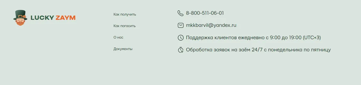 Скриншот страницы с контактной информацией с сайта luckyzaym.ru