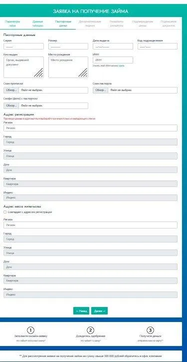 Скриншот внесения данных на получение займа с сайта vdplatinum.ru