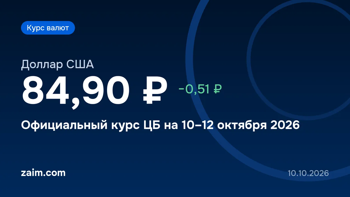 Курс доллара ЦБ на 10 октября 2026 года: 84,90 ₽, рубль укрепился на 50 копеек